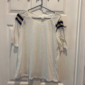 Anthro Ellison Womens T-Shirt White Blue Gold Stripe 3/4 Sleeve Sz L Linen Blend